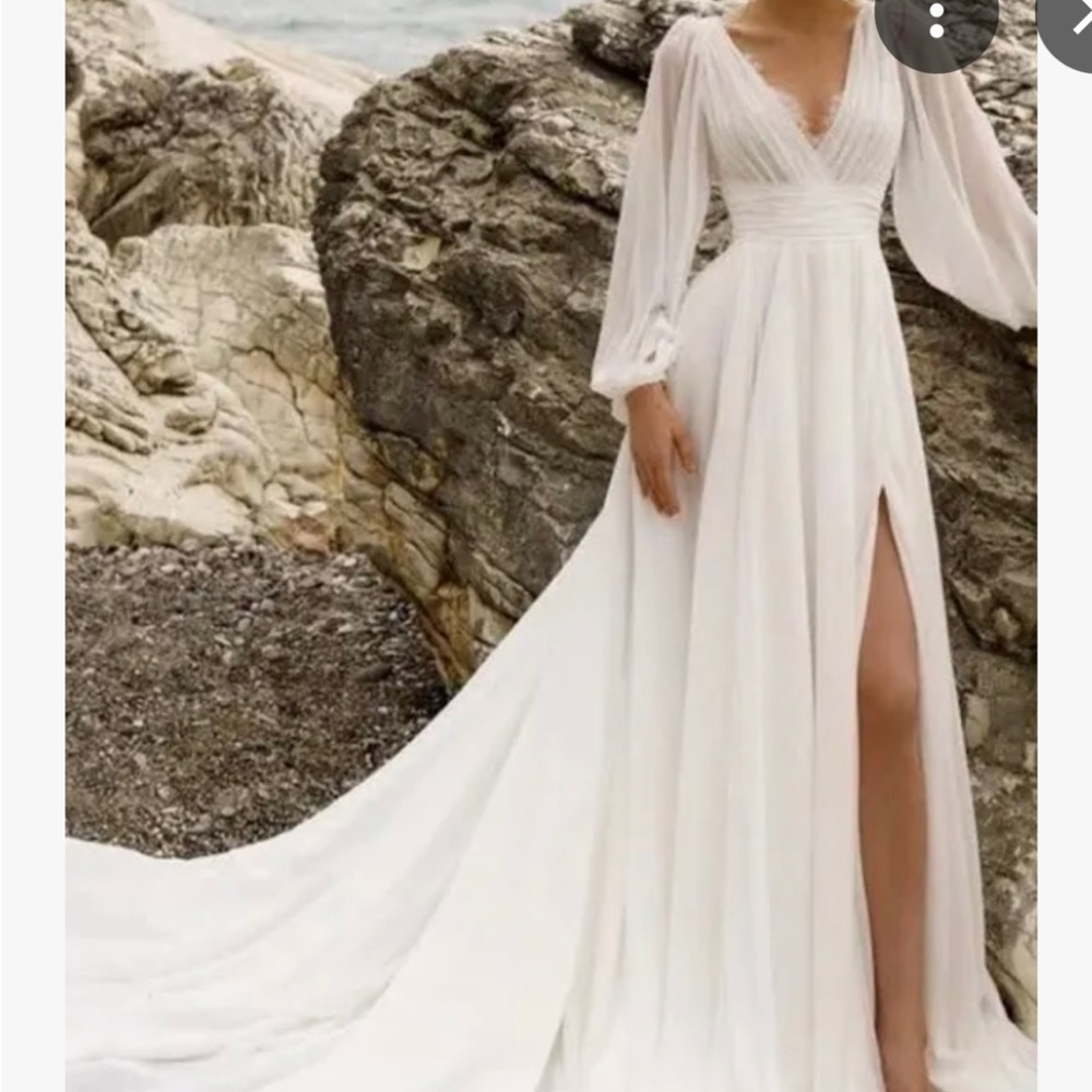Wedding Dress - 
A-Line V-neck Long Sleeves Chiffon Lace Court Train MISSACC